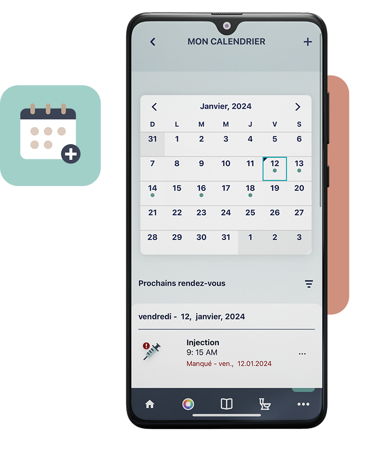 Écran de smartphone avec un calendrier dans l'application FYWY, permettant aux utilisateurs de configurer des rappels de médicaments et de rendez-vous. Soutien pour la rectocolite hémorragique (RCH), la maladie de Crohn et d'autres maladies inflammatoires chroniques intestinales (MICI).