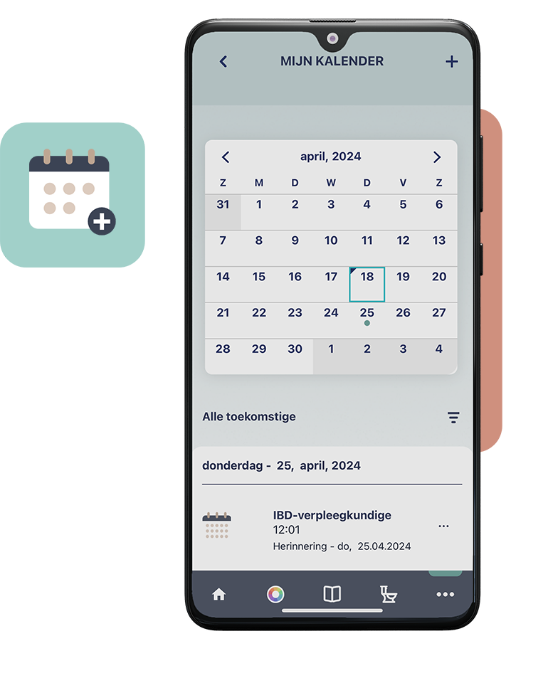 Kalenderfunctie binnen de FYWY app om medicatie- en afspraakherinneringen in te stellen voor de behandeling van colitis ulcerosa, ziekte van Crohn, en andere inflammatoire darmziekten.