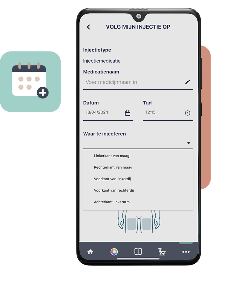 Smartphonescherm met injectieherinneringen binnen de FYWY app. Ontvang meldingen voor je injecties en zorg ervoor dat je behandelingen voor colitis ulcerosa en de ziekte van Crohn nauwkeurig worden gevolgd.
