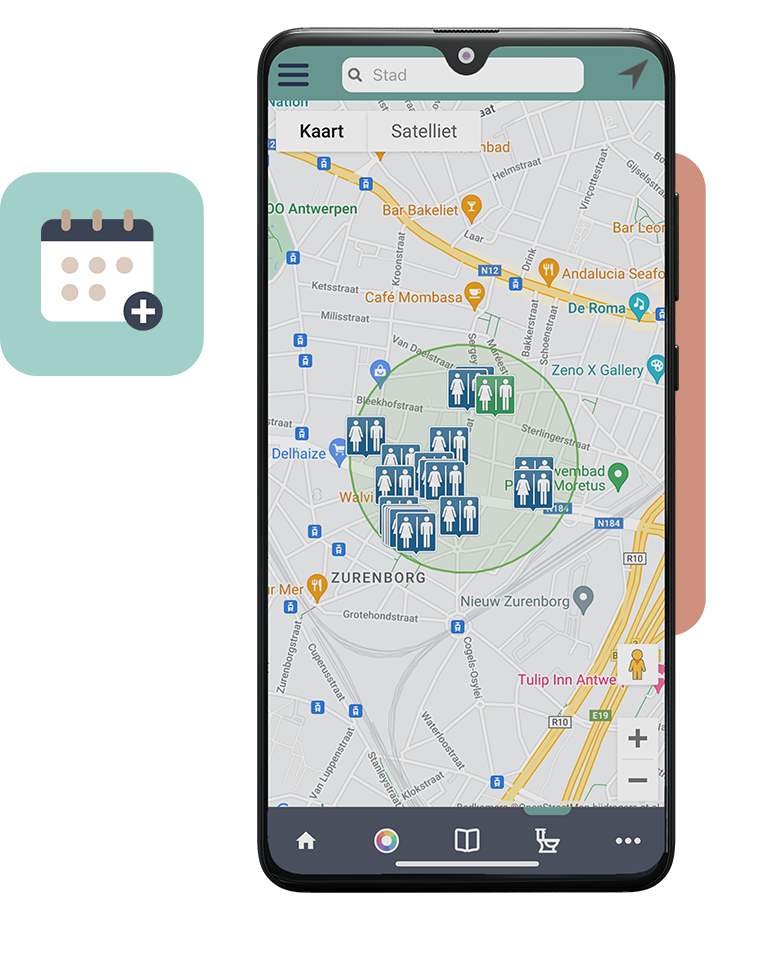 Smartphonescherm met een kaart die openbare toiletten toont binnen de FYWY app. Vind gemakkelijk toiletten in de buurt en download de Toilet-Pas om zonder betaling toegang te krijgen.