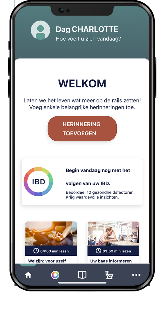 Screenshot van de FYWY mobiele app voor IBD-patiënten, met een welkomstscherm op een smartphone. De app helpt mensen met colitis ulcerosa (CU), ziekte van Crohn (ZvC) en andere inflammatoire darmziekten (IBD) door middel van gepersonaliseerde herinneringen en gezondheidsfactoren. Downloadopties beschikbaar in de App Store en Google Play.