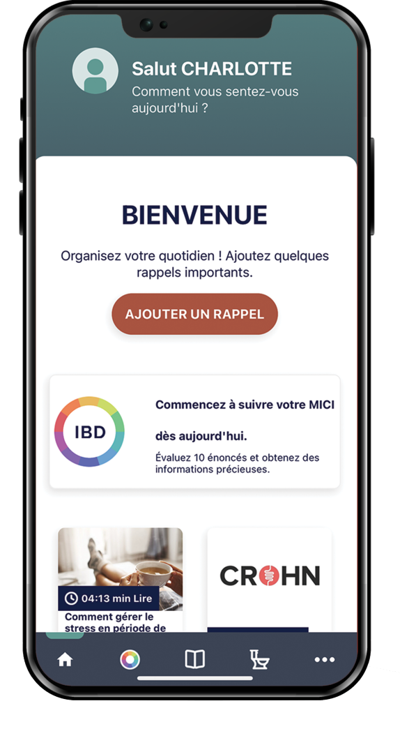 Capture d'écran de l'application mobile FYWY pour les patients atteints de rectocolite hémorragique (RCH), de maladie de Crohn et d'autres maladies inflammatoires chroniques intestinales (MICI). L'application offre un soutien pour les symptômes de la rectocolite hémorragique et de la maladie de Crohn grâce à des rappels personnalisés et des facteurs de santé. Options de téléchargement disponibles sur l'App Store et Google Play.